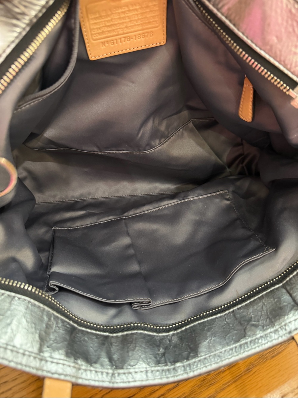 COACH Poppy Metallic Silver Quilted Leather and Black C Logo Canvas - Picture 6 of 14